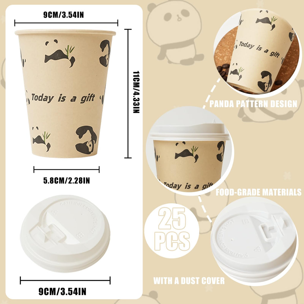 12 OZ 25 Pack Disposable Cups Paper Coffee Cups with Lids, Disposable Paper Cups for Cold/Hot Drinks, Eco-friendly Leak-Proof To Go Drinking Cups for Office Party Home Picnic & Travel (Panda)