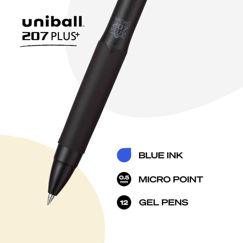 Uniball 207 Plus+ Retractable Gel Pens, Micro Point (0.5mm), Blue, Pack of 12