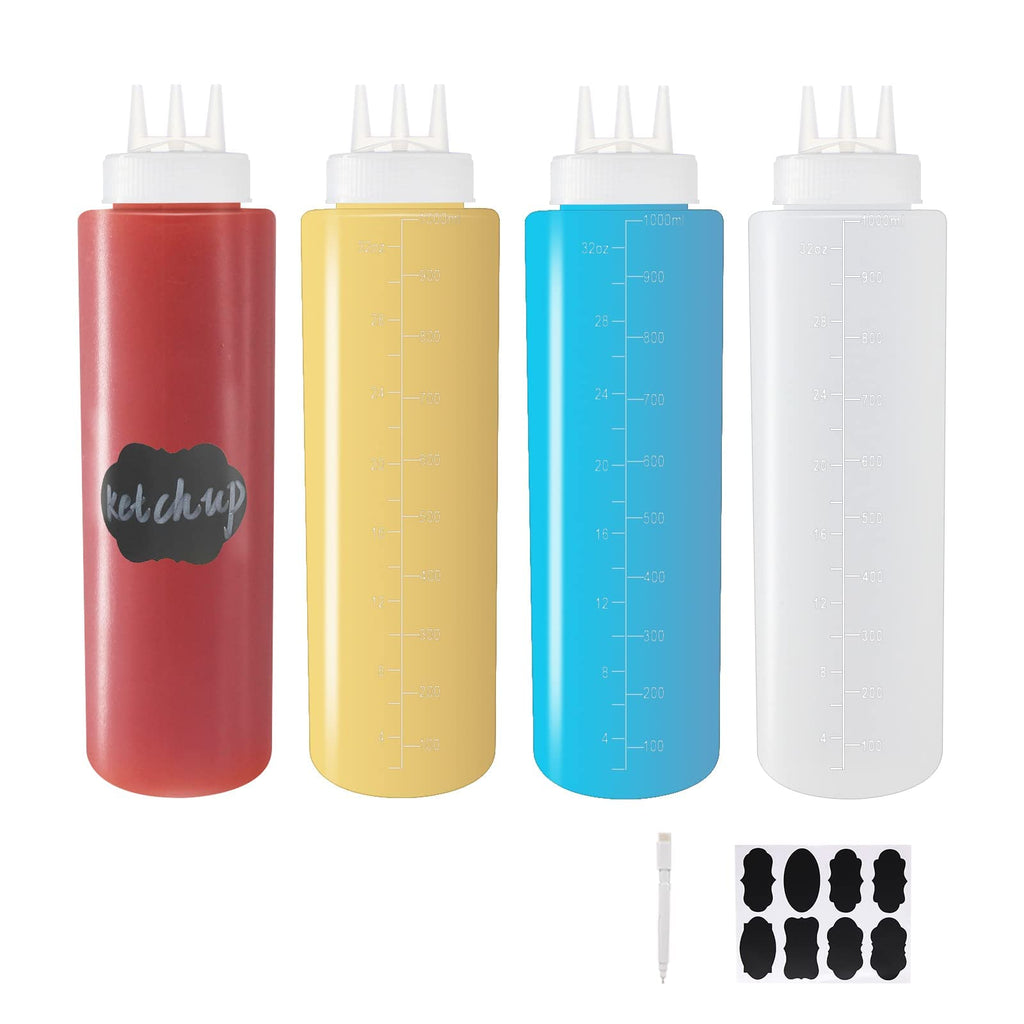 Belinlen 4 Pack 32oz Plastic Squeeze Condiment Bottles 3-Hole Condiment Squeeze Bottles Plastic Squirt Bottles for Ketchup, BBQ Dressing,Salad Etc