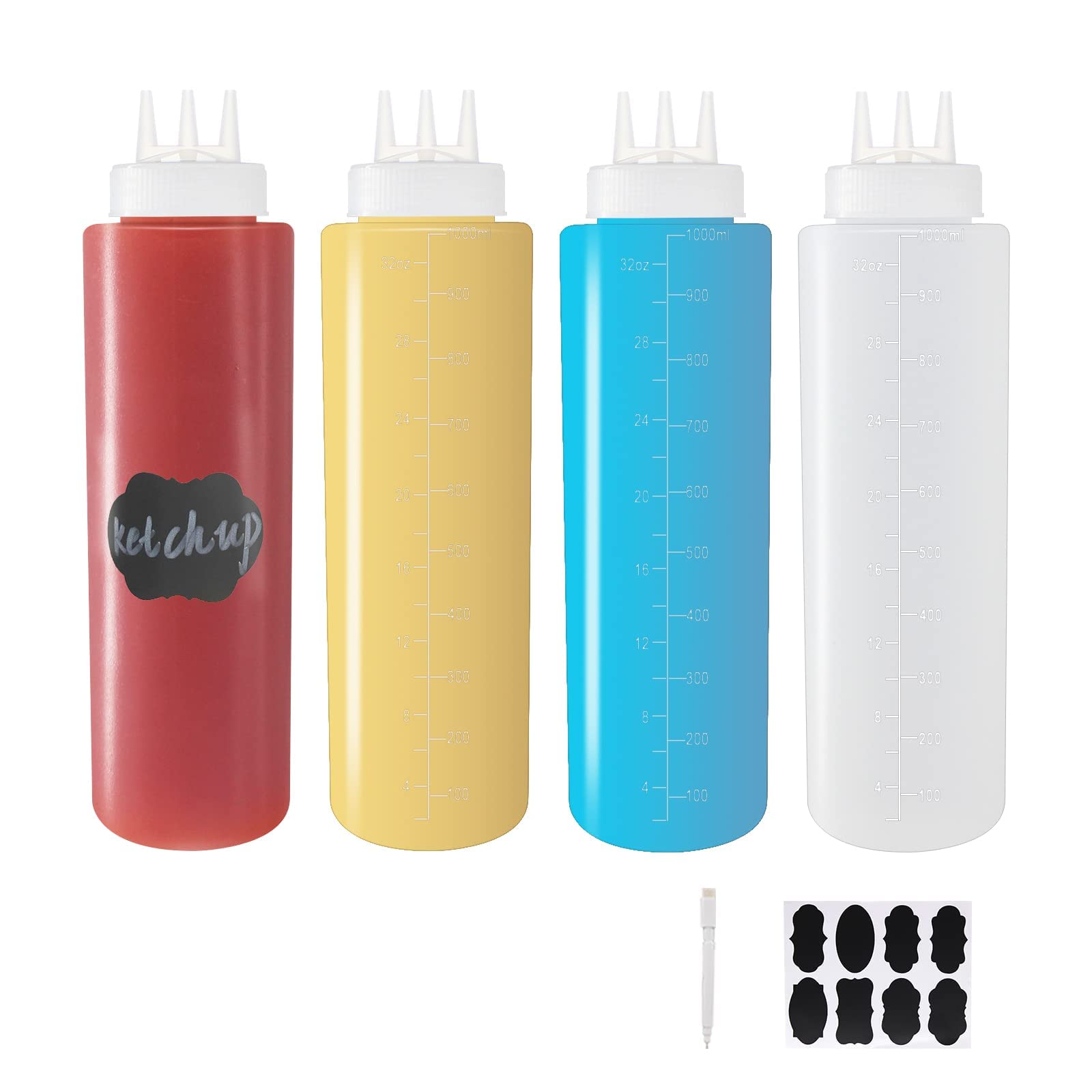 Belinlen 4 Pack 32oz Plastic Squeeze Condiment Bottles 3-Hole Condiment Squeeze Bottles Plastic Squirt Bottles for Ketchup, BBQ Dressing,Salad Etc