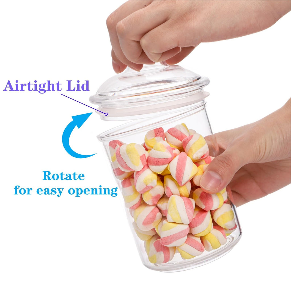 DEAYOU 4 Pack Clear Plastic Apothecary Jars, Plastic Storage Jar Canister with Airtight Lid, Cotton Qtip Holder Bathroom, Candy Cookie Container Organizer for Bath Salt, Pad, Vanity,33 Oz/23 Oz/13 Oz