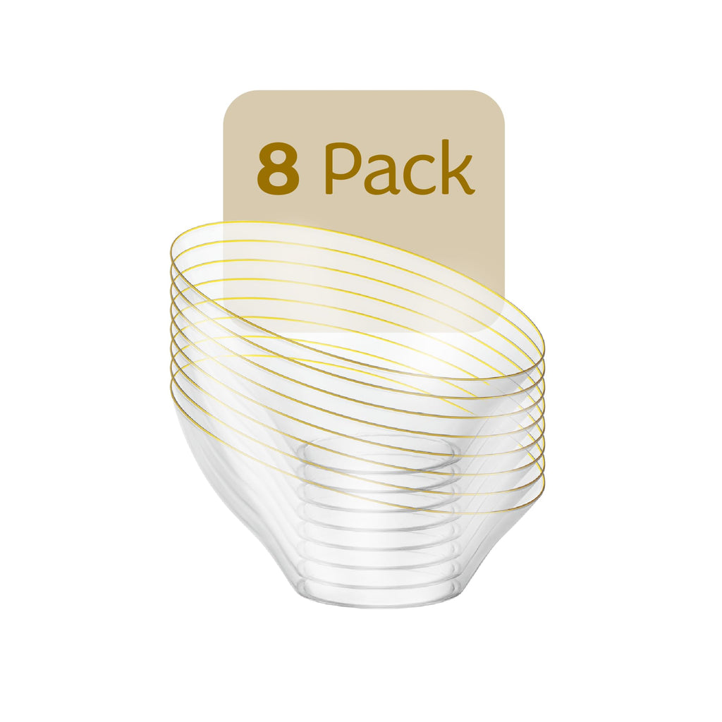 PLASTICPRO Angled Plastic Bowls Disposable Small Plastic Clear Serving Bowls with Gold Rim for Party for Appetizer Salads Pack of 8