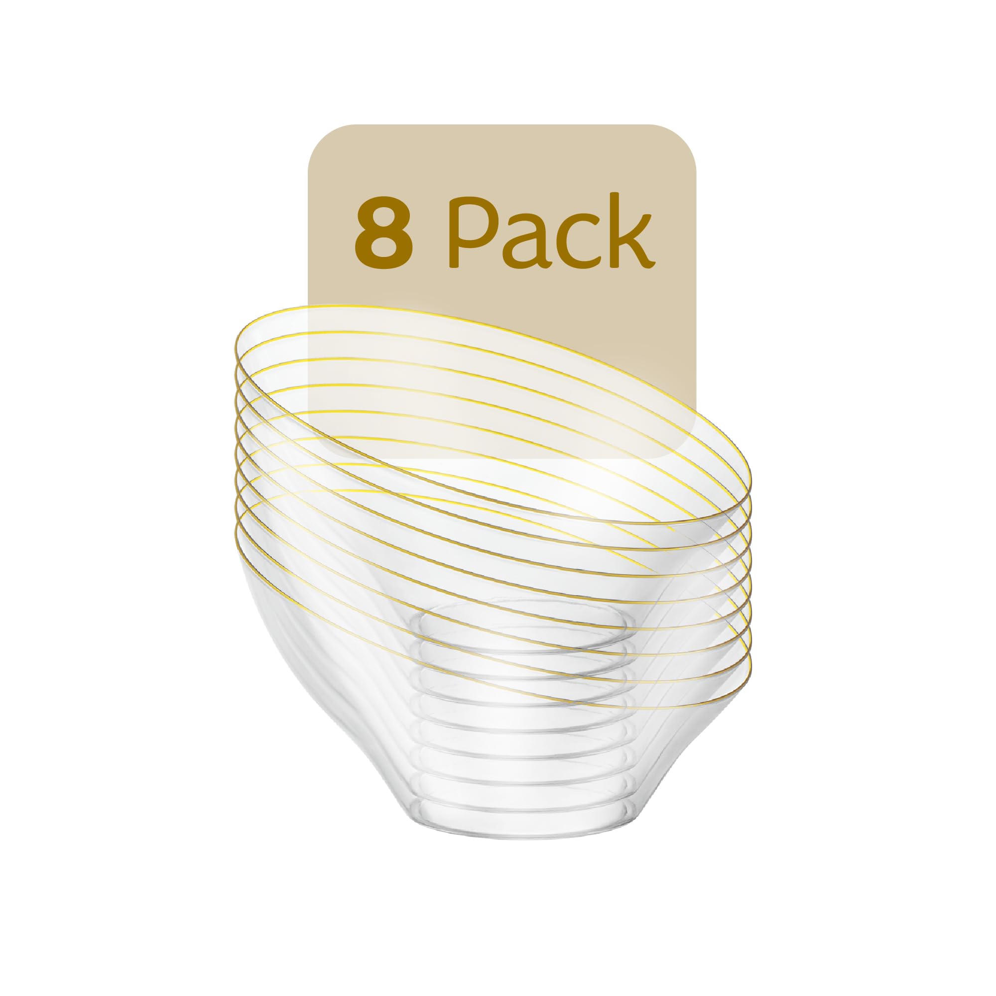 PLASTICPRO Angled Plastic Bowls Disposable Small Plastic Clear Serving Bowls with Gold Rim for Party for Appetizer Salads Pack of 8