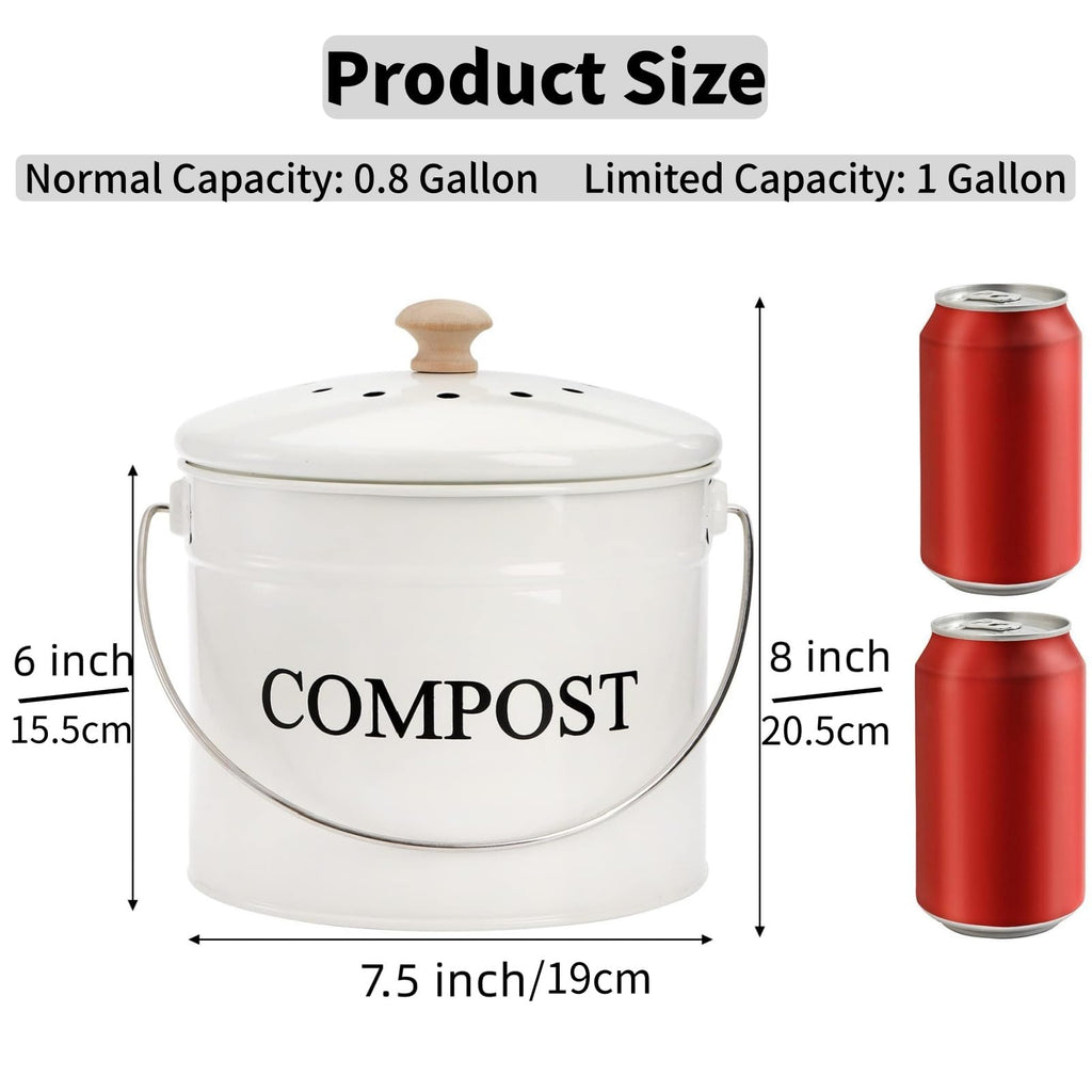 AVLA Compost Bin Kitchen Countertop, 1 Gallon Composter Pail, Food Waste Composting Bucket, Odorless Trash Keeper Container, White Scraps Caddy with Charcoal Filter, Carrying Handle, Lid