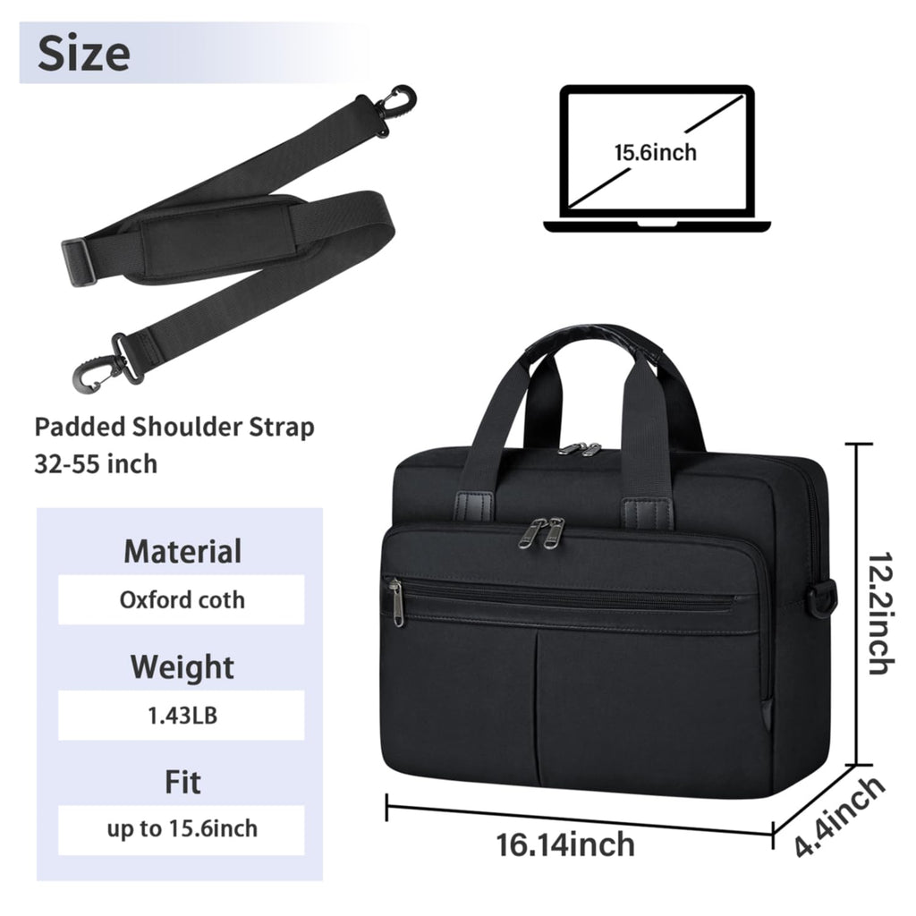 Laptop Bag 15.6 Inch Waterproof Briefcase for Men Large Laptop Carrying Case Computer Messenger Bag for Travel Work Business, Black
