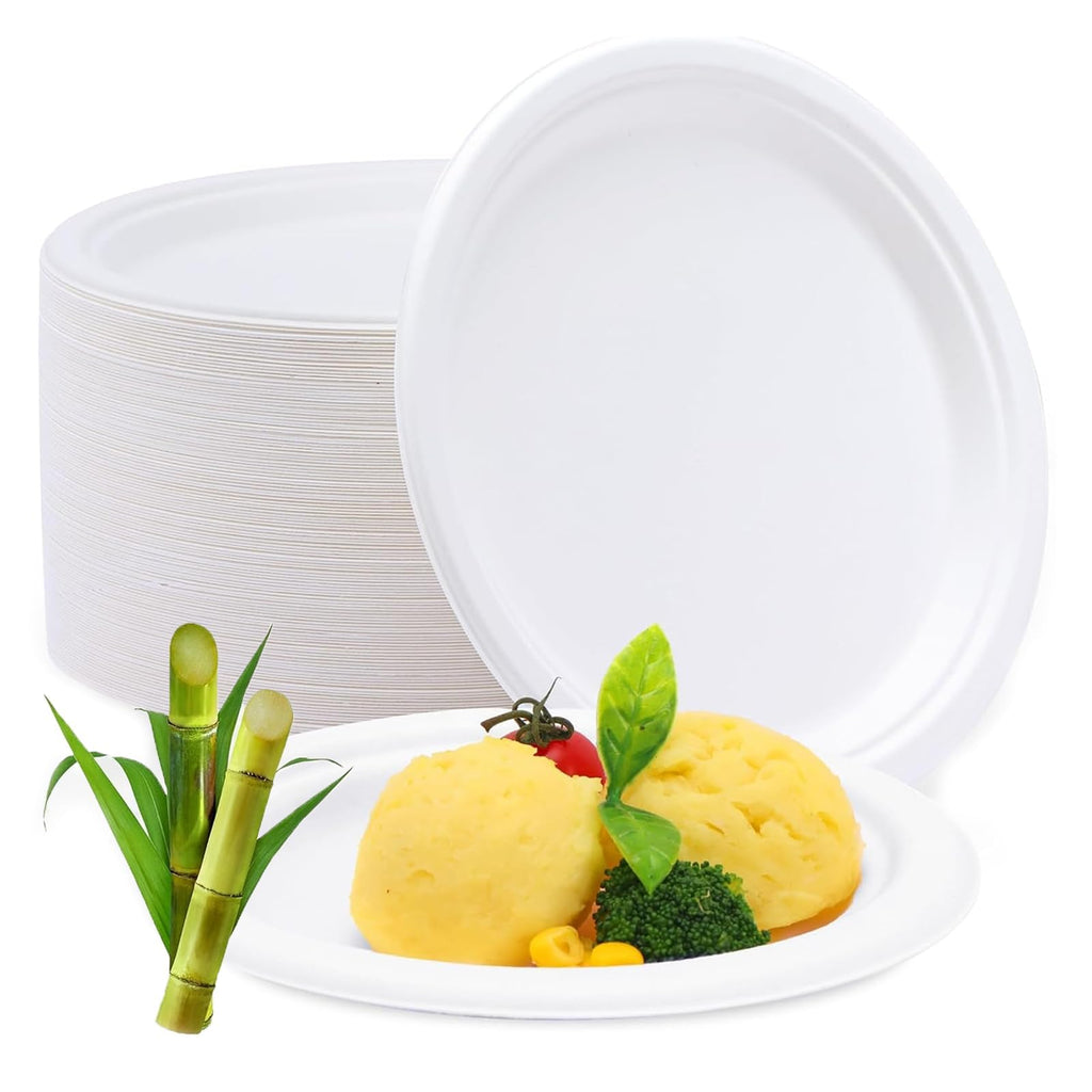 Miecux Paper Plates, Compostable Paper Plates[100-Pack] 9 Inch Plates - Eco-Friendly, Biodegradable Sugarcane Bagasse, Heavy Duty Paper Plates, White Paper Plates for Party