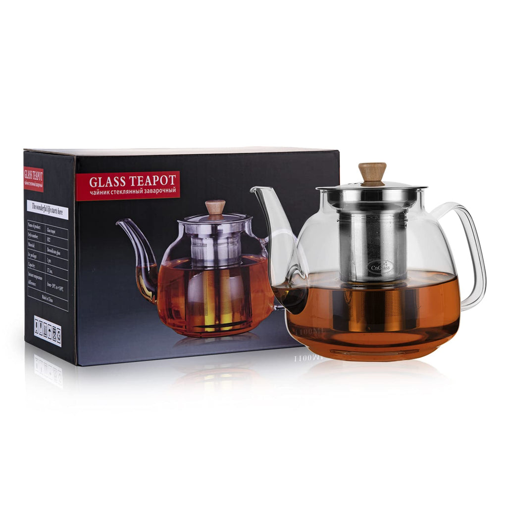 CNGLASS 1100ml Glass Teapot with Infuser,Clear Glass Tea Kettle with Removable Stainless Steel Strainer,Stovetop Safe Glass Teapot for Blooming and Loose Leaf Tea
