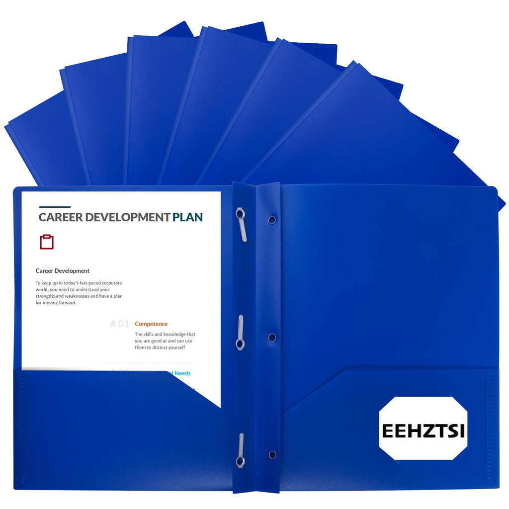 EEHZTSI 12-Pack Plastic Folders with Pockets and Prongs,2-Pocket Folders with 3 Fasteners, Poly Folders Holds 8-1/2" x 11" Paper for School/Office/Home (12, Blue)