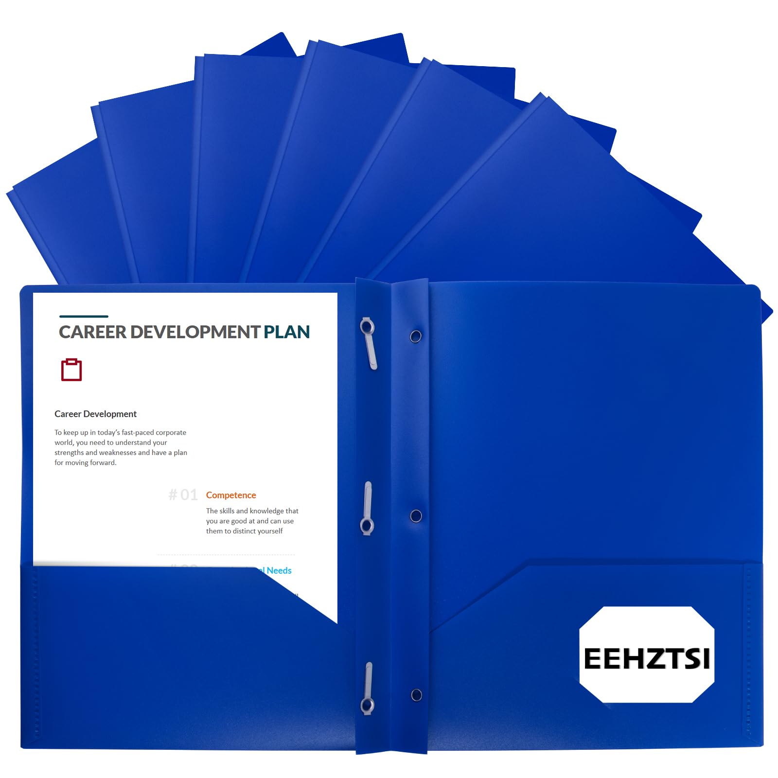 EEHZTSI 12-Pack Plastic Folders with Pockets and Prongs,2-Pocket Folders with 3 Fasteners, Poly Folders Holds 8-1/2" x 11" Paper for School/Office/Home (12, Blue)