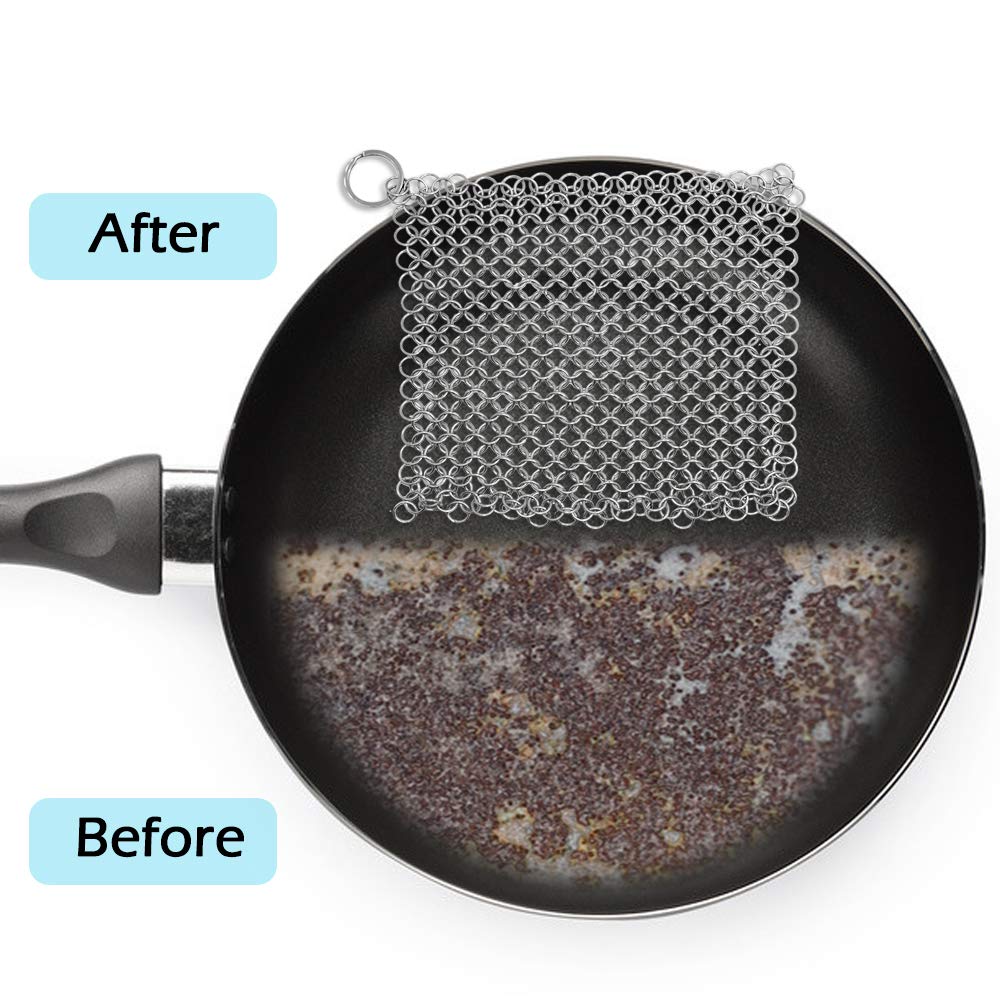 Stainless Steel Cast Iron Cleaner and Cast Iron Brush, SourceTon Stainless Steel Chainmail Scrubber and Bamboo Handle Brush for Skillet, Wok, Pot, Pan