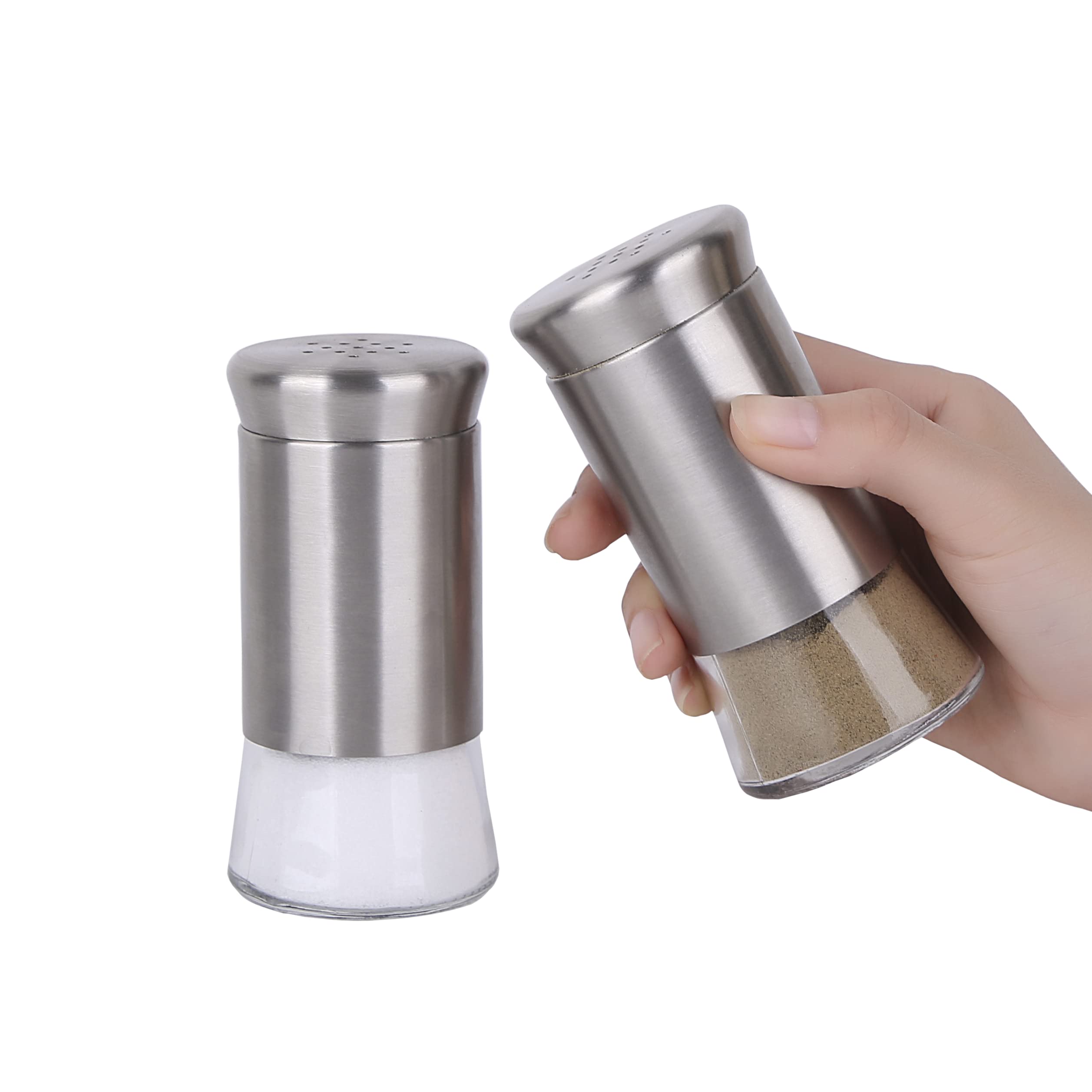 Gala Houseware 2 Pack Salt and Pepper Shakers, 4.6 oz Salt Shaker Spice Dispenser, Stainless Steel with Glass Bottoms, Refillable Design, Ideal for Kitchen, Dining Table, Camping, and BBQs