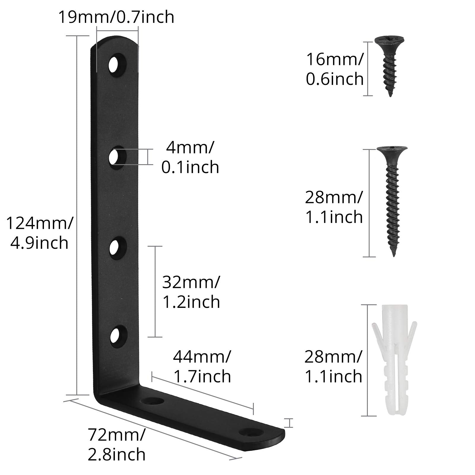 Kamtop 10 PCS L Shelf Brackets, 5 Inch x 3 Inch Heavy Duty Corner Brace, 90 Degree Joint Angle Bracket Wall Hanging L Shape Right Angle Shelf Bracket with Screws, Black