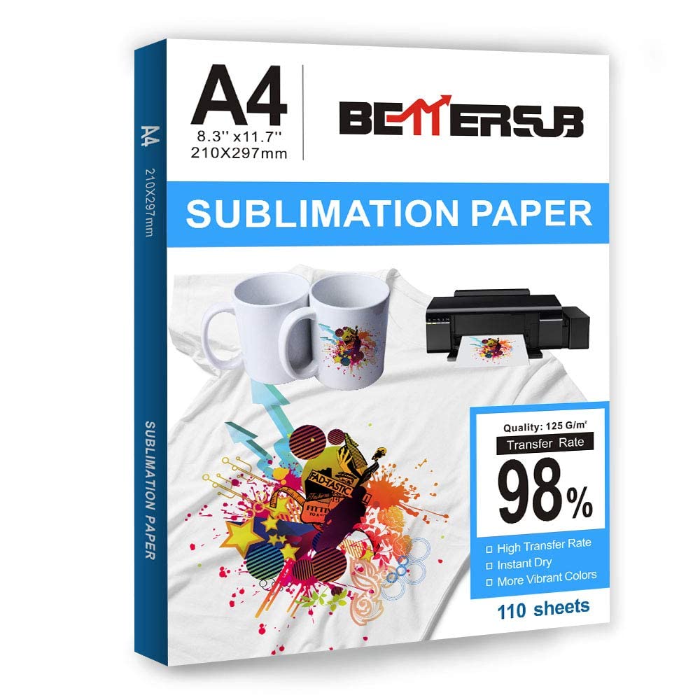BetterSub Sublimation Paper Heat Transfer Paper 110 Sheets A4 Size 8.29" x 11.7" for EPSON HP Canon Inkjet Printer with Sublimation Ink for Light Color Shirts Hat Cap Mug 120gsm
