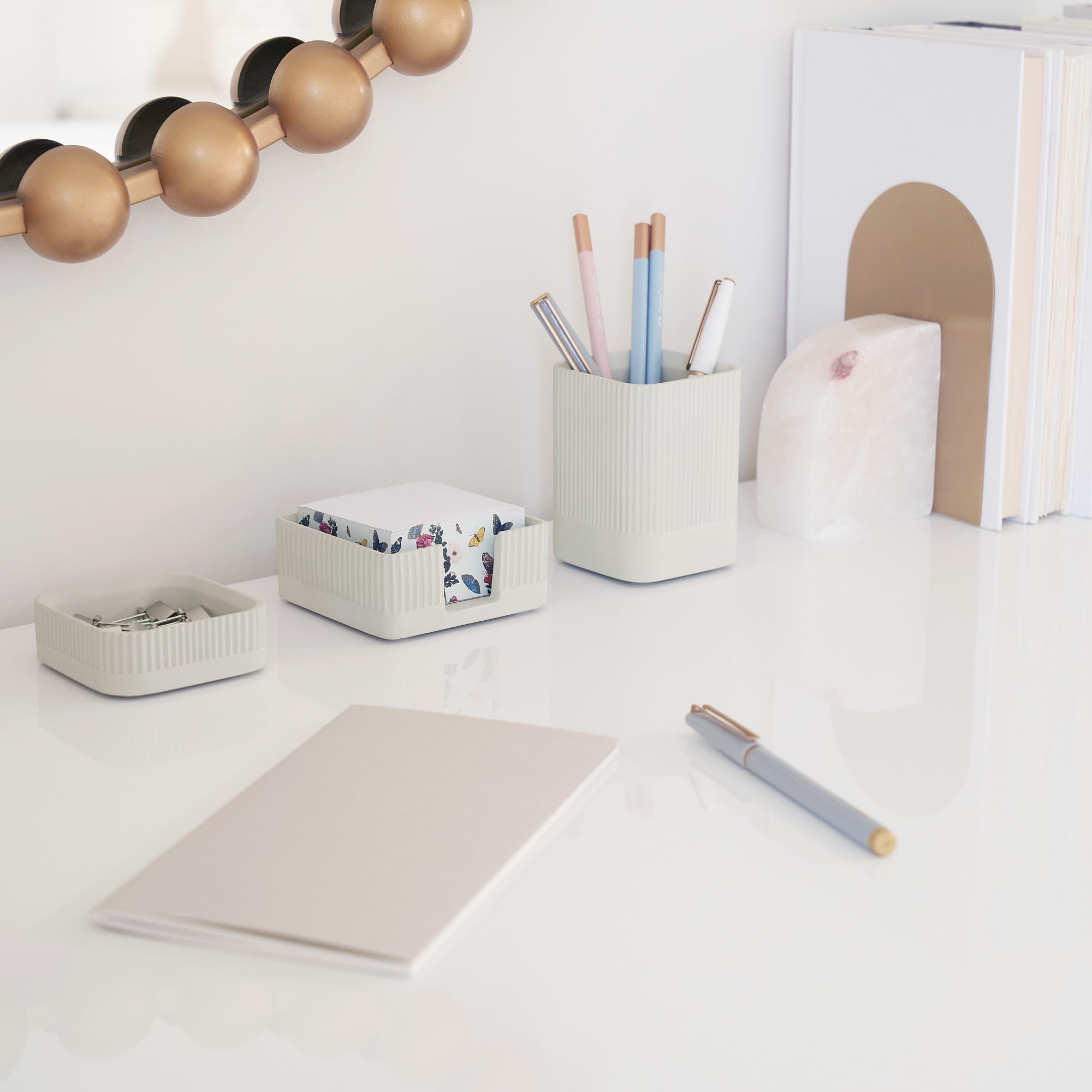Aesthetic Desk Organizer Set of 3 For Your Office - Sturdy Concrete Desktop Accessories For Women or Men Enhance Any Office Decor - Set incl. Pen Holder, Paperclip Storage and Sticky Note Holder