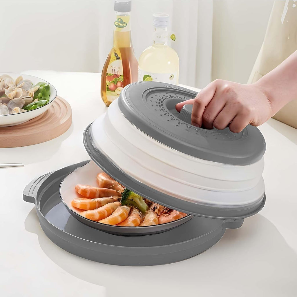 Oillase gray Microwave Splatter Cover for Food with Anti-scald Base Plate,Large Plastic & Silicone Vented Avoid Scalding Collapsible Guard Lid, Plate Holder & Kitchen Colander for Meal Prep-10.7 Inch