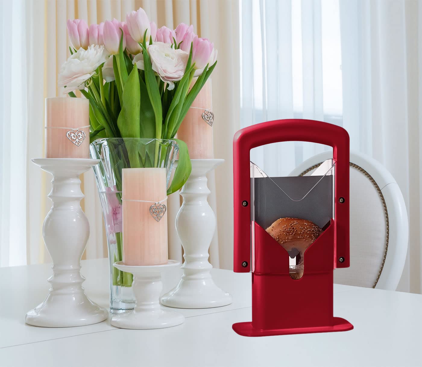 Red Bagel Slicer for Home, Bagel Cutter Stainless Steel
