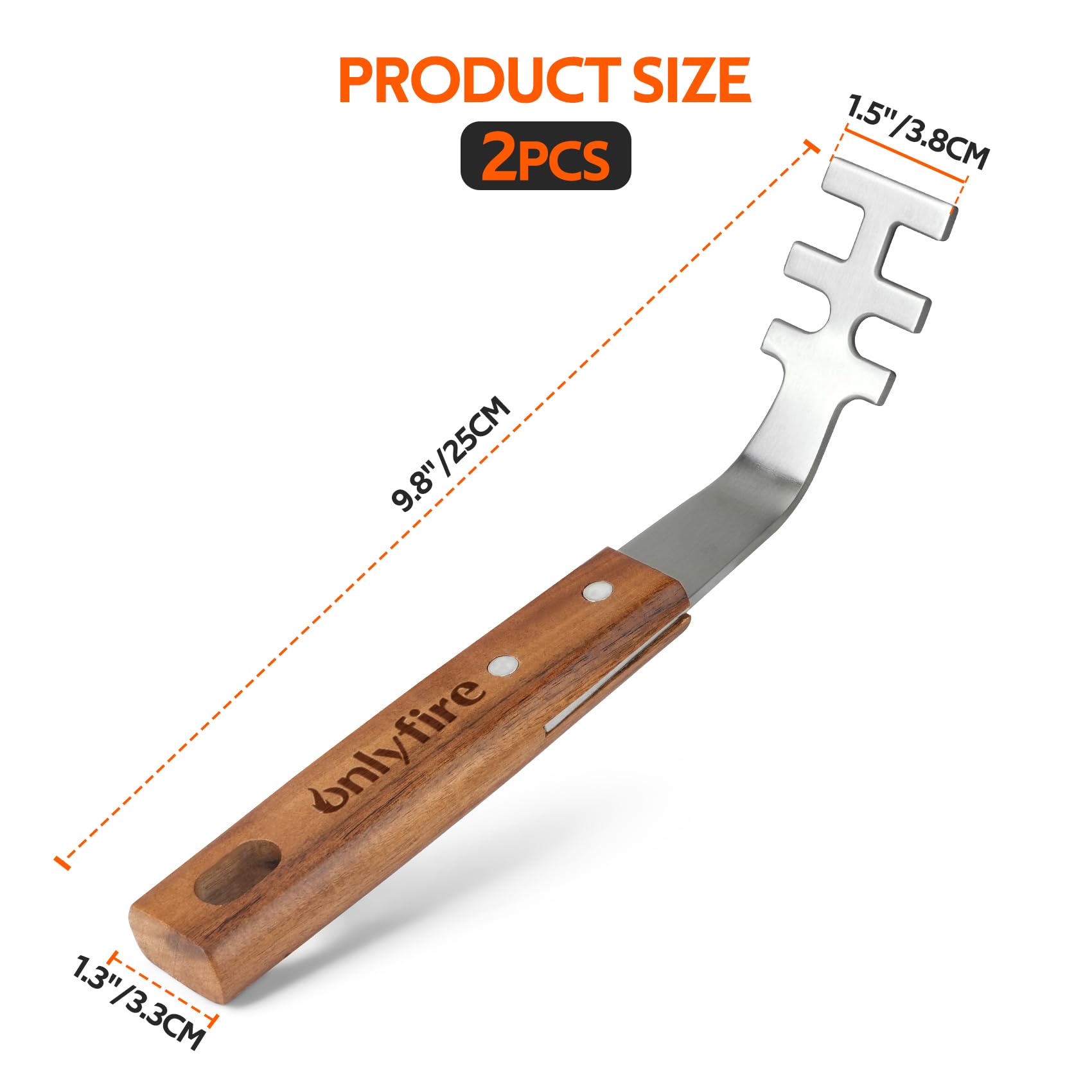 onlyfire 2PCS Stainless Steel Grill Grate Lifters with Acacia Wood Handle, BBQ Grate Lifter Tool for Safe Handling of Hot Grates, BBQ Accessories