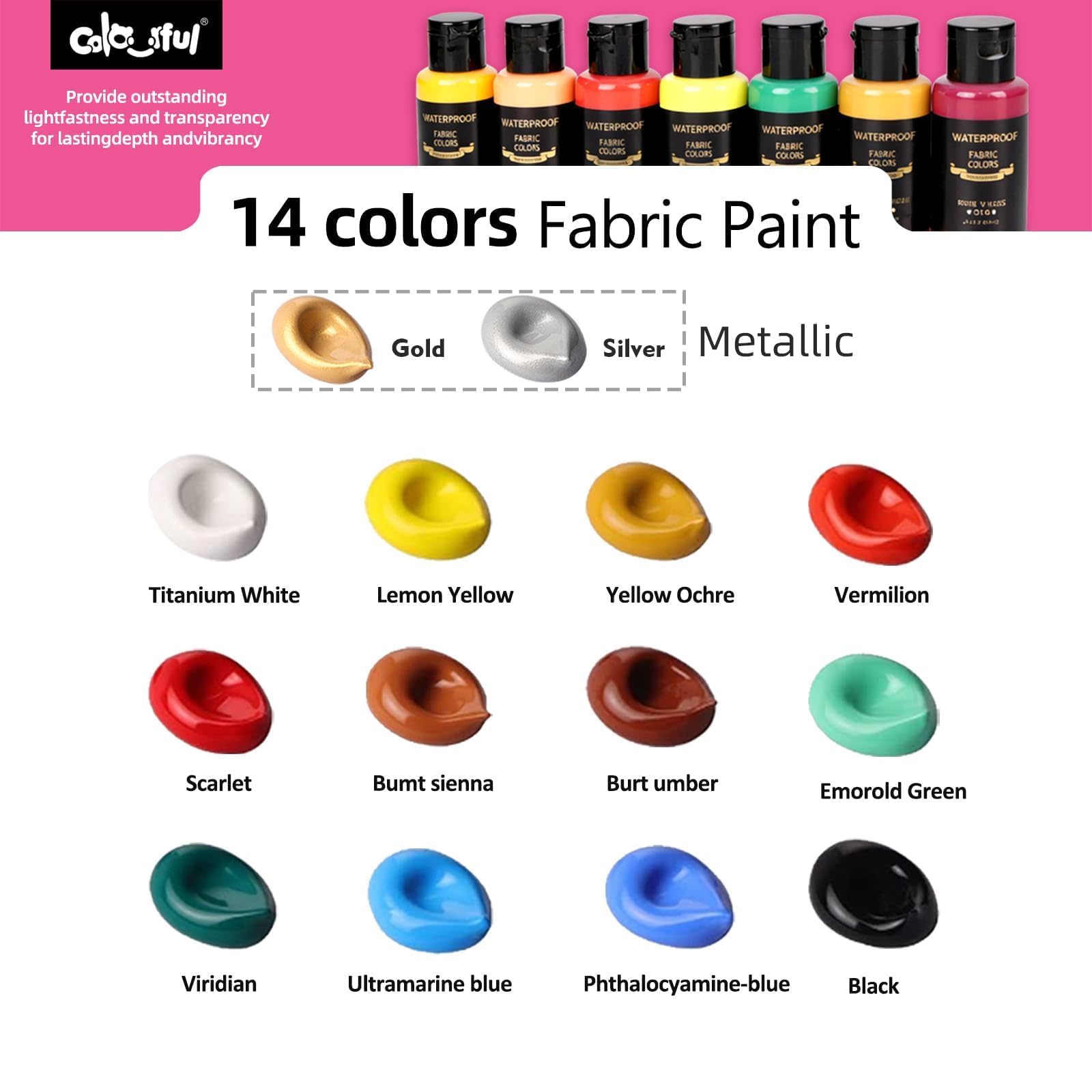 Colorful Permanent Fabric Paint, 14 Colors Soft Fabric Paint in Bottles (30ml/1oz) with Brushes, Palette, Non-Toxic Textile Paint for Clothes, T-Shirts, Shoes Art