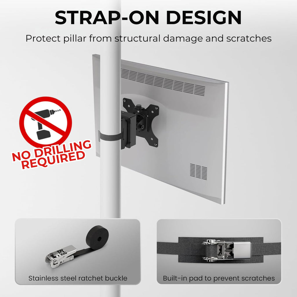 CondoMounts ZeboZap ZZTVS2011 Universal VESA Pole Mount with Removable 75mm and 100mm VESA Plate | Strap-On No-Drill Pole Bracket | Fits up to 32 Inch TVs & Monitors