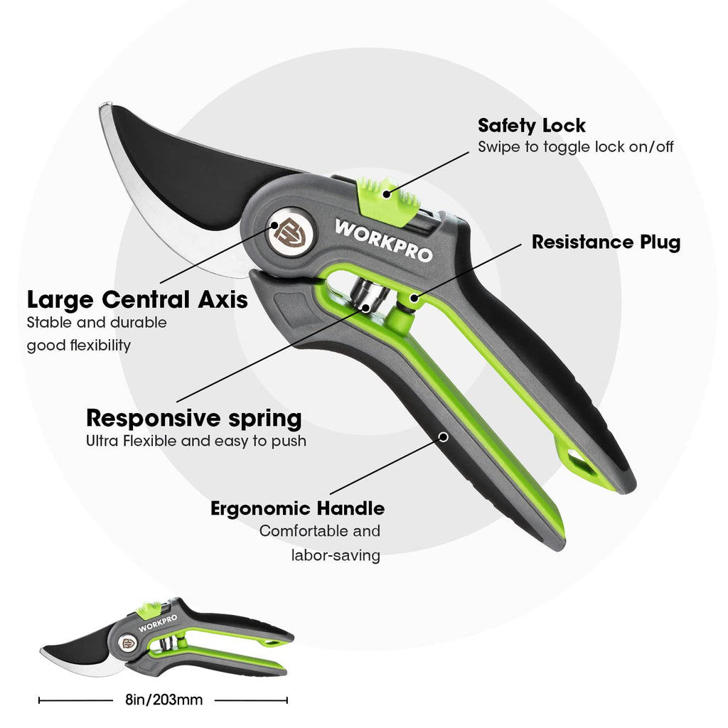 WORKPRO Bypass Pruning Shears, 8" Stainless Steel Gardening Hand Pruner, Professional Garden Trimming Scissors with Sharp SK5 Steel Blades, Ideal Garden Tool, Green