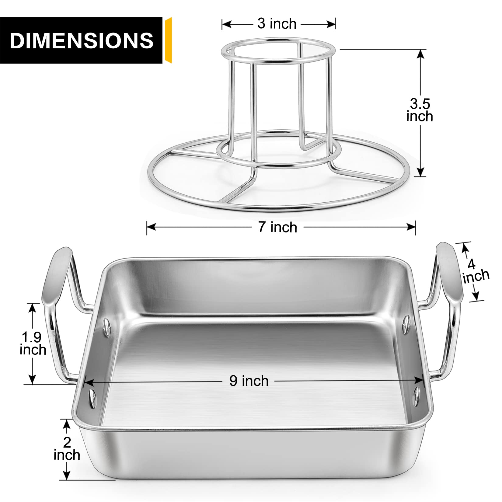 Roasting Pan with Rack, P&P CHEF Beer Can Chicken Roaster 9-inch Stainless Steel Baking pan with Vertical Rack, for Baking Grilling Smoker, Rivet Handle & Thick Wire, Heavy Duty & Dishwasher Safe