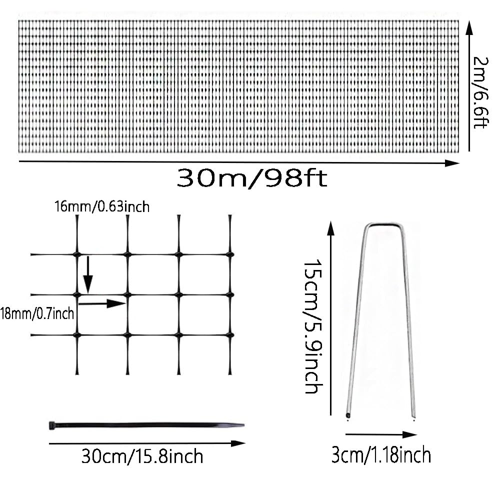 6.8 x 100 FT Heavy Duty Bird Netting with Cable Ties & Ground Nails, PP Material Anti-Bird Reusable Garden for Fruit, Vegetable, Plant Trees, Fence Netting, Mesh Barrier, Animal Protect Plants