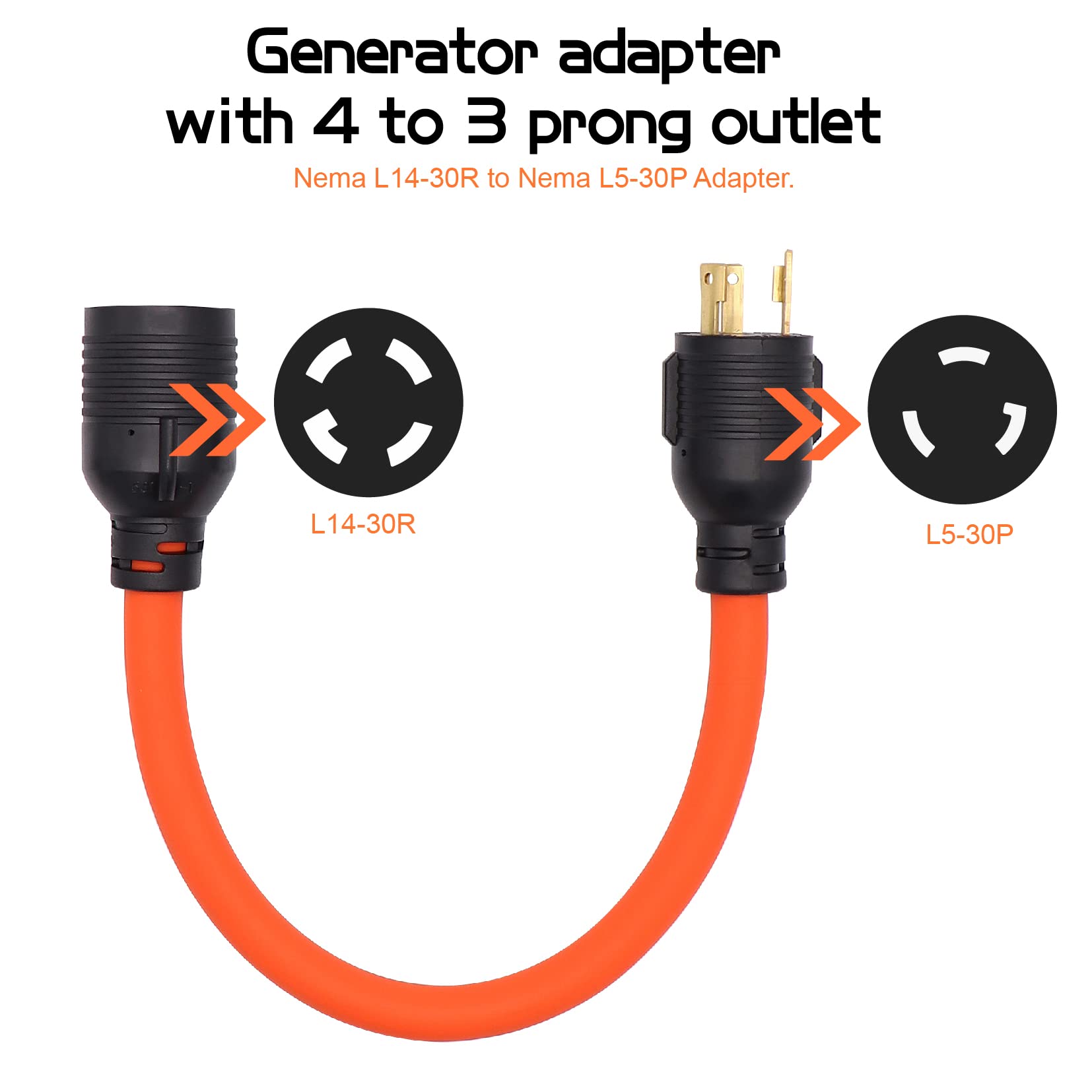 4 Prong to 3 Prong Generator Plug Adapter Cord, Nema L5-30P Generator Male to Nema L14-30R Transfer Switch Female,30Amp STW 10AWG 1.6FT