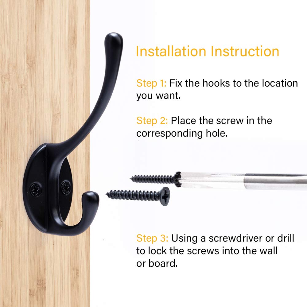 Dual Coat Hooks, Heavy Duty Wall Mounted Double Prong Robe Hooks, 13 Pack Utility Rustic Hooks with Screws for Coat, Scarf, Bag, Towel, Key, Cap, Cup, Hat (Black)