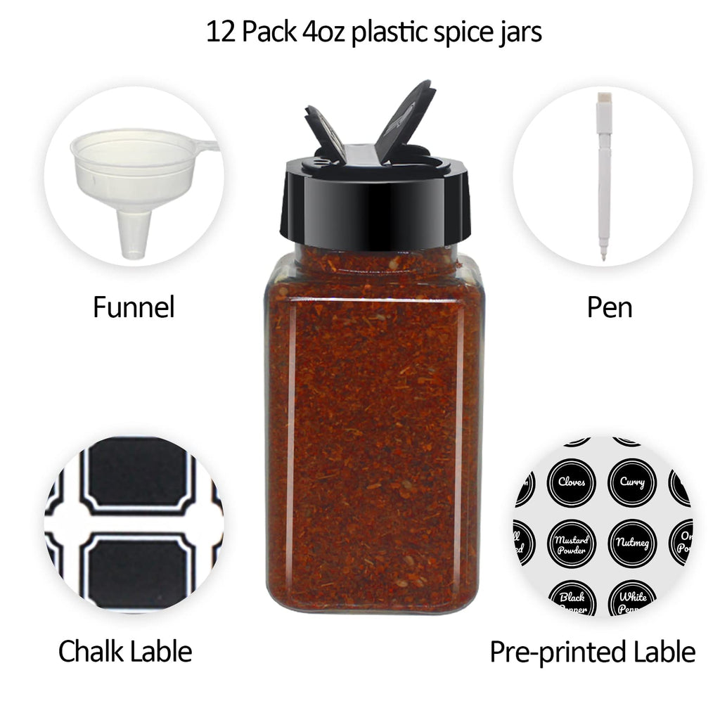 BPFY 12 Pack 4oz Clear Plastic Spice Jars With Black Lids, Square Spice Bottles, Plastic Seasoning Containers with Chalk Labels, Pen, Funnel, Spice Containers For Kitchen Cabinet
