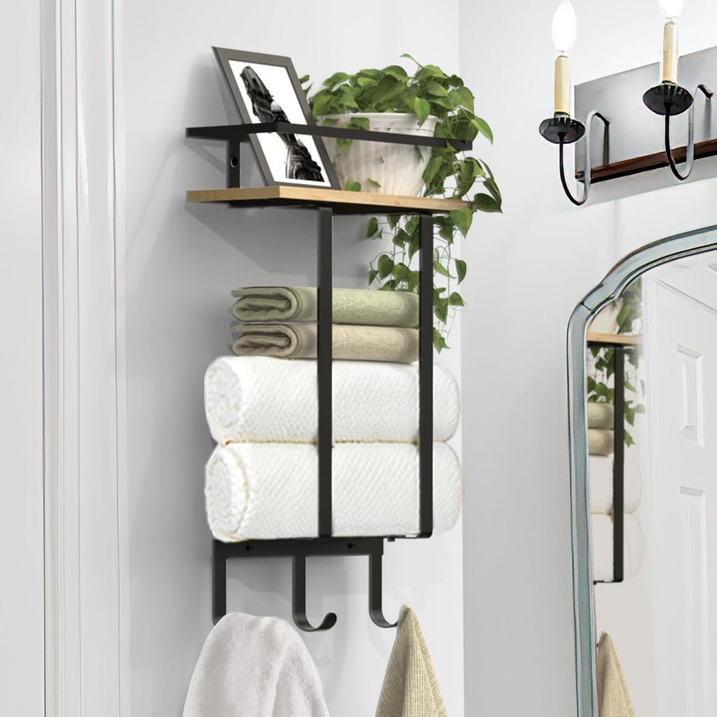 Luxspire Towel Racks for Bathroom Wall Mounted, Towel Holder Wall Mounted with Wooden Floating Shelf & 3 Metal Hooks, Rolled Towel and Hand Towel Rack for Bathroom, Black + Wood
