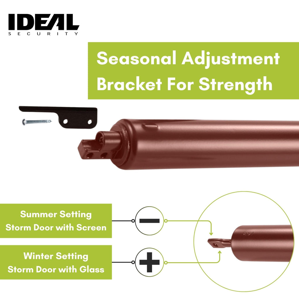 Ideal Security Model 9 Standard Duty Pneumatic Storm and Screen Door Closer, 10.5" L x 1.25" W x 1.25" H, Adjustable Speed, Smooth Closing for Lightweight to Medium Doors, Easy Install, Brown