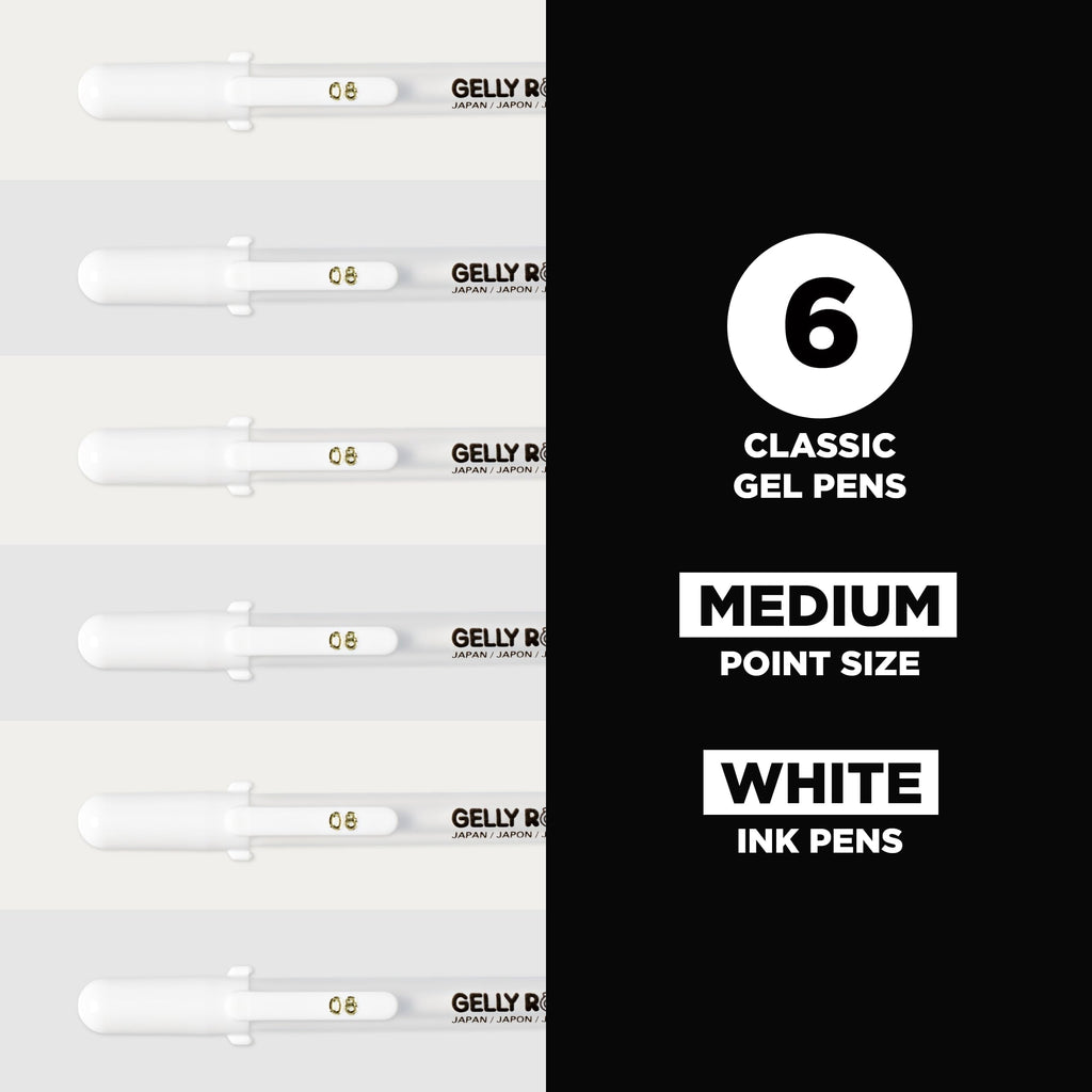 Sakura Gelly Roll Gel Pens - Medium Tip Ink Pens for Journaling, Art, or Drawing - Classic White Ink - All Are Tip Size Medium 08-6 Pack