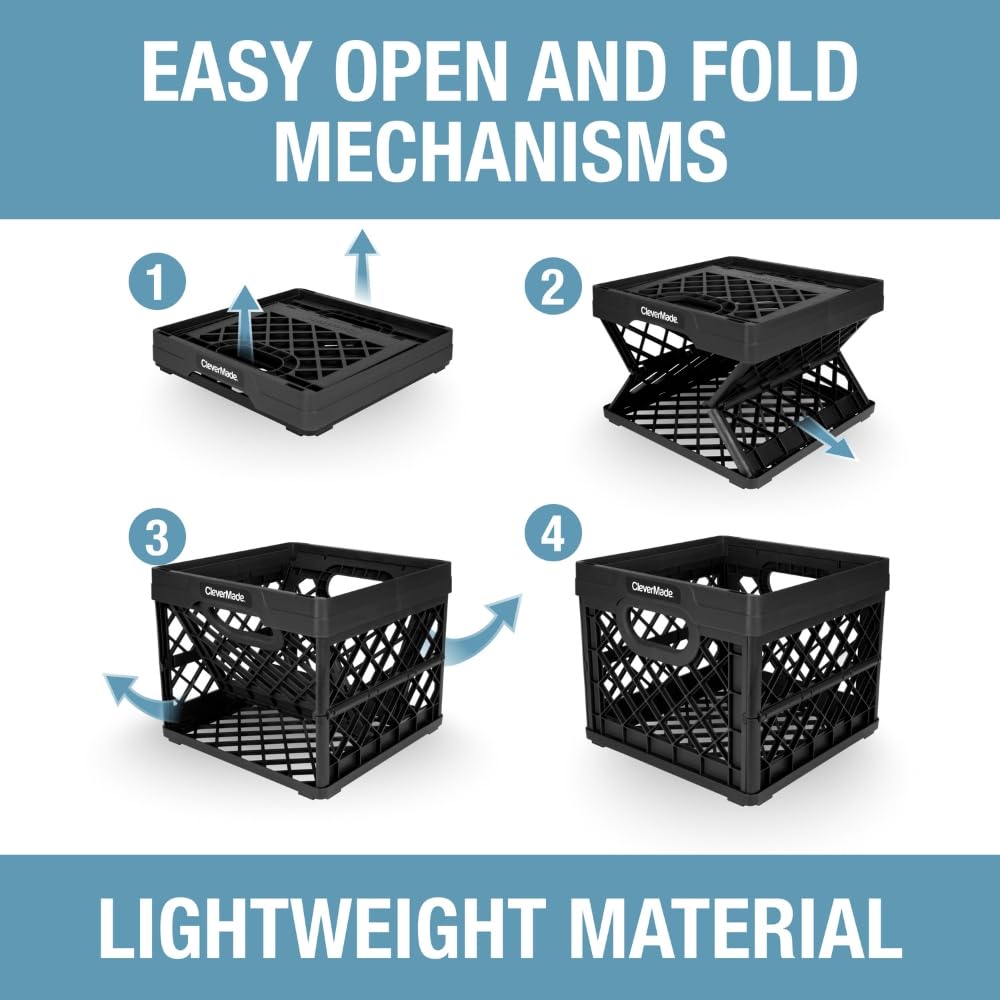 CleverMade Collapsible Milk Crate, Obsidian, 1PK - 25L (6 Gal) Stackable Storage Bins, Holds 50lbs Per Bin - Clevercrates are Heavy Duty, Plastic Collapsible Storage Crate for Multi Purposes