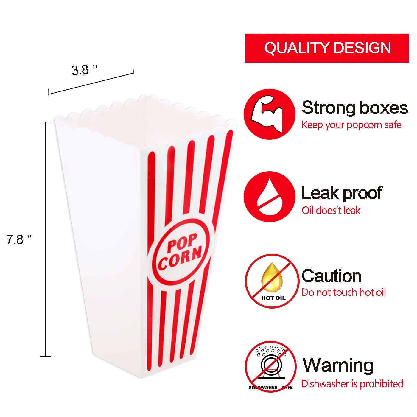 [Novelty Place] Plastic Red & White Striped Classic Popcorn Containers for Movie Night - 4" Square x 8" Deep (4 Pack)