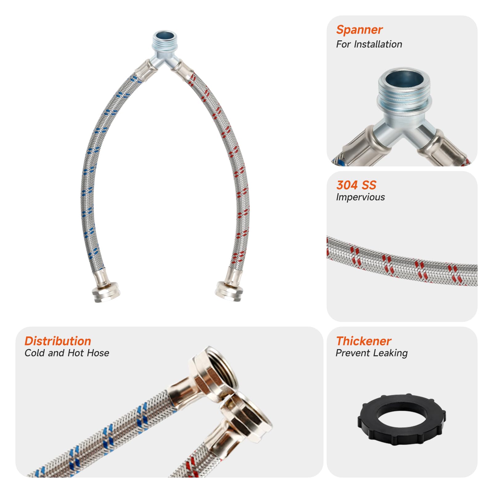 Roastove 1 FT/1 feet Premium Stainless Steel Washing Machine Hoses Y Mixer/YSplit,Burst Proof,3/4 Inch Brass Fittings,Y-Splitter Water Hose Connector for Hot & Cold Water Supply, with one Spanner