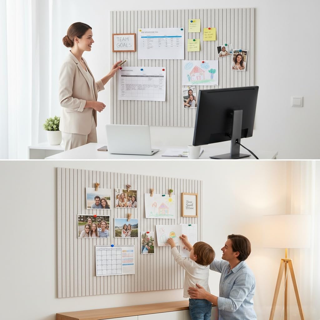 Acidea Large Cork Board Alternative, 120x90cm 12pcs Felt Wall Tiles with Safe Removable Adhesive Tabs and 50 Push Pins, Felt Cork Board for Home Office Wall Decor Tack Board, Light Beige ﻿