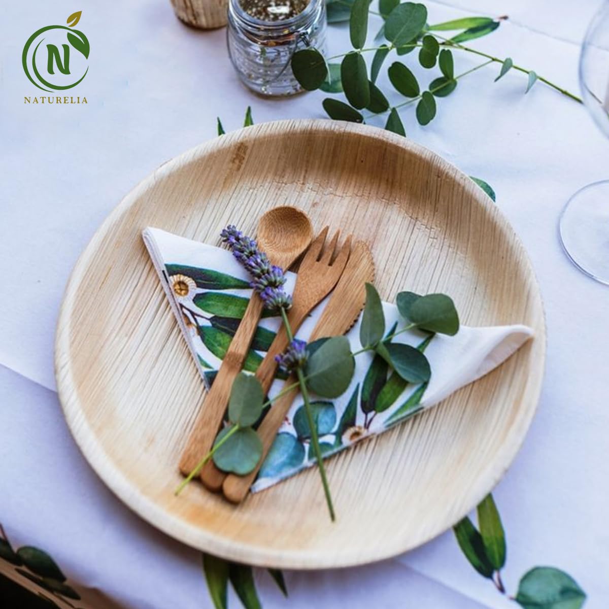 Naturelia 100% Compostable 8-Inch Palm Leaf Disposable Plates- Eco-Friendly, Biodegradable, Microwave & Oven Safe- Sustainable & Natural Cutlery Ideal for Weddings, Parties, Events