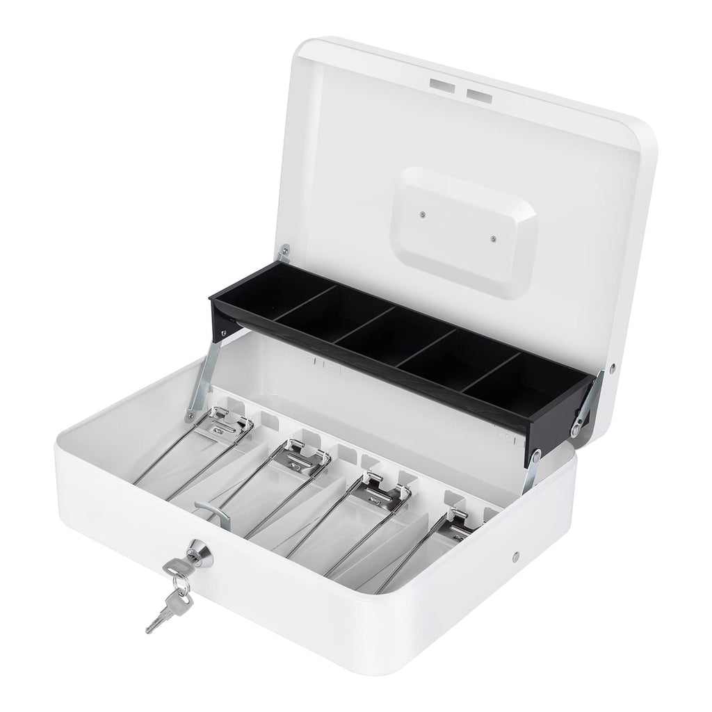 Cash Box with Money Tray and Lock, Money Box for Cash, Cash Register for Small Businesses, Metal Lock Box for Money Tiered 11.8 x 9.4 x 3.54 Inches White