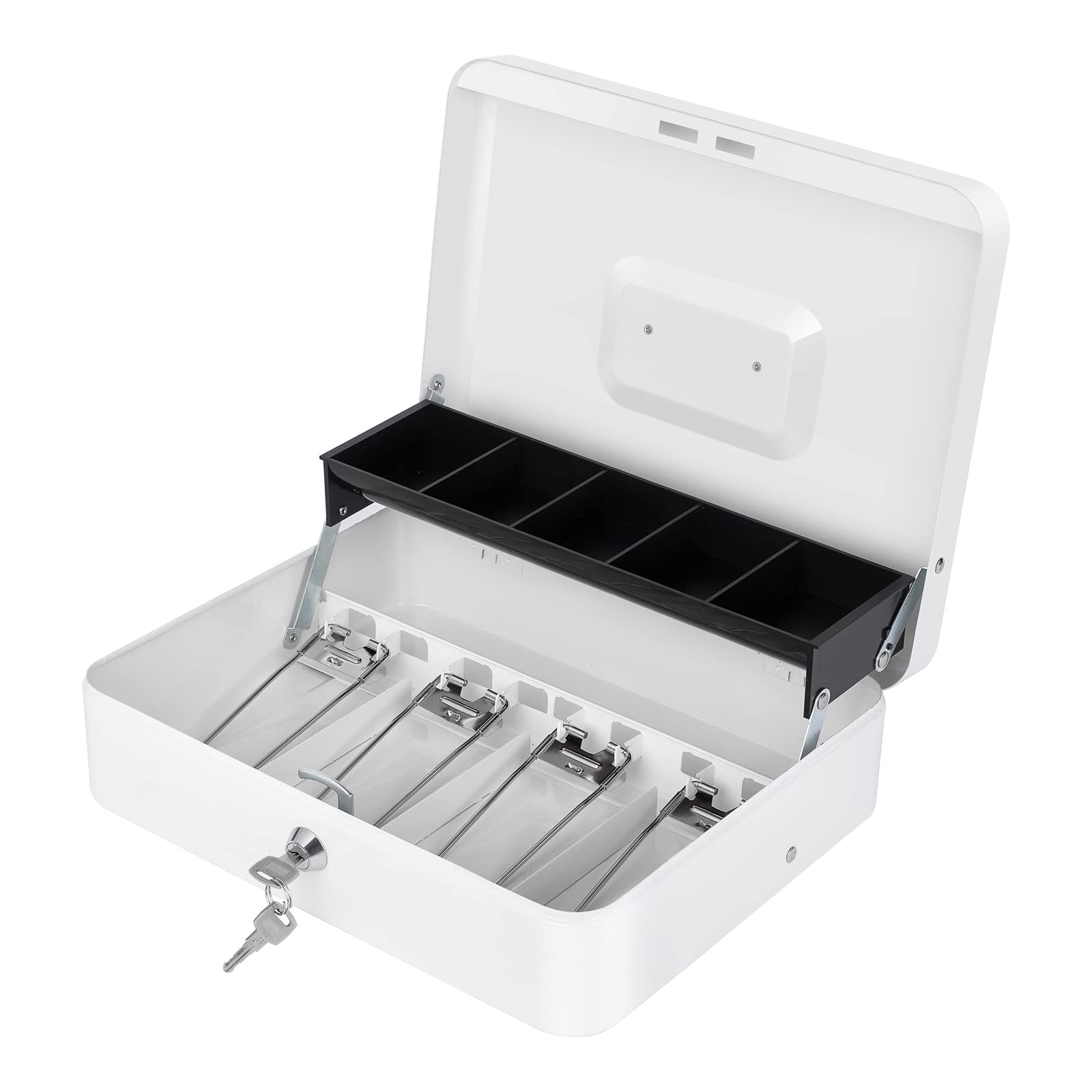 Cash Box with Money Tray and Lock, Money Box for Cash, Cash Register for Small Businesses, Metal Lock Box for Money Tiered 11.8 x 9.4 x 3.54 Inches White