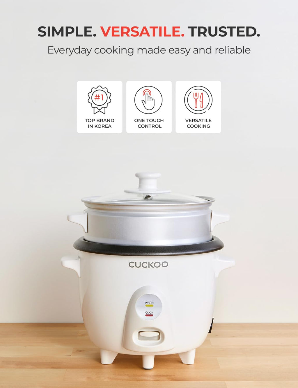 CUCKOO One Touch Rice Cooker 3-Cup (Uncooked) / 6-Cup (Cooked), Mini Rice Cooker & Warmer with Steamer Tray, Versatile Grain Cooker, Soup Maker, Auto Keep Warm, White (CR-0301C)