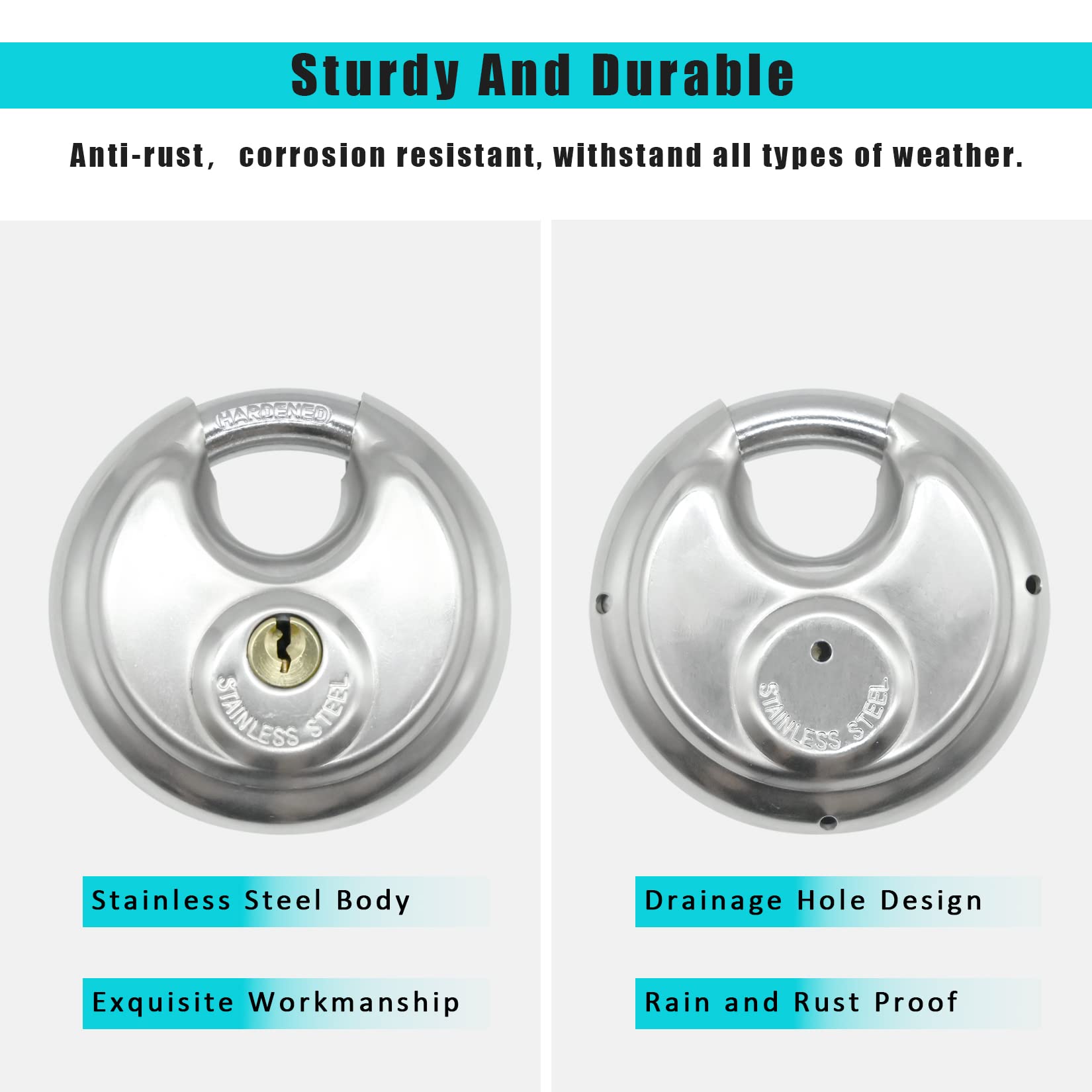 2Pack Padlocks Keyed Alike, 2-3/4"(70mm) Disc Locks for Storage Unit, Stainless Steel Locks with 4 Keys, Outdoor Waterproof Storage Lock for Storage Locker, Shed, Gate, Fence, Warehouse