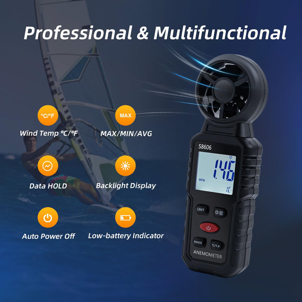 Mcbazel Anemometer, LCD Display, High Accuracy, °C and °F Display, Easy Operation, MAX/MIN/AVG Function, Anemometer Measures 1-12, Japanese Instruction Manual Included - Black