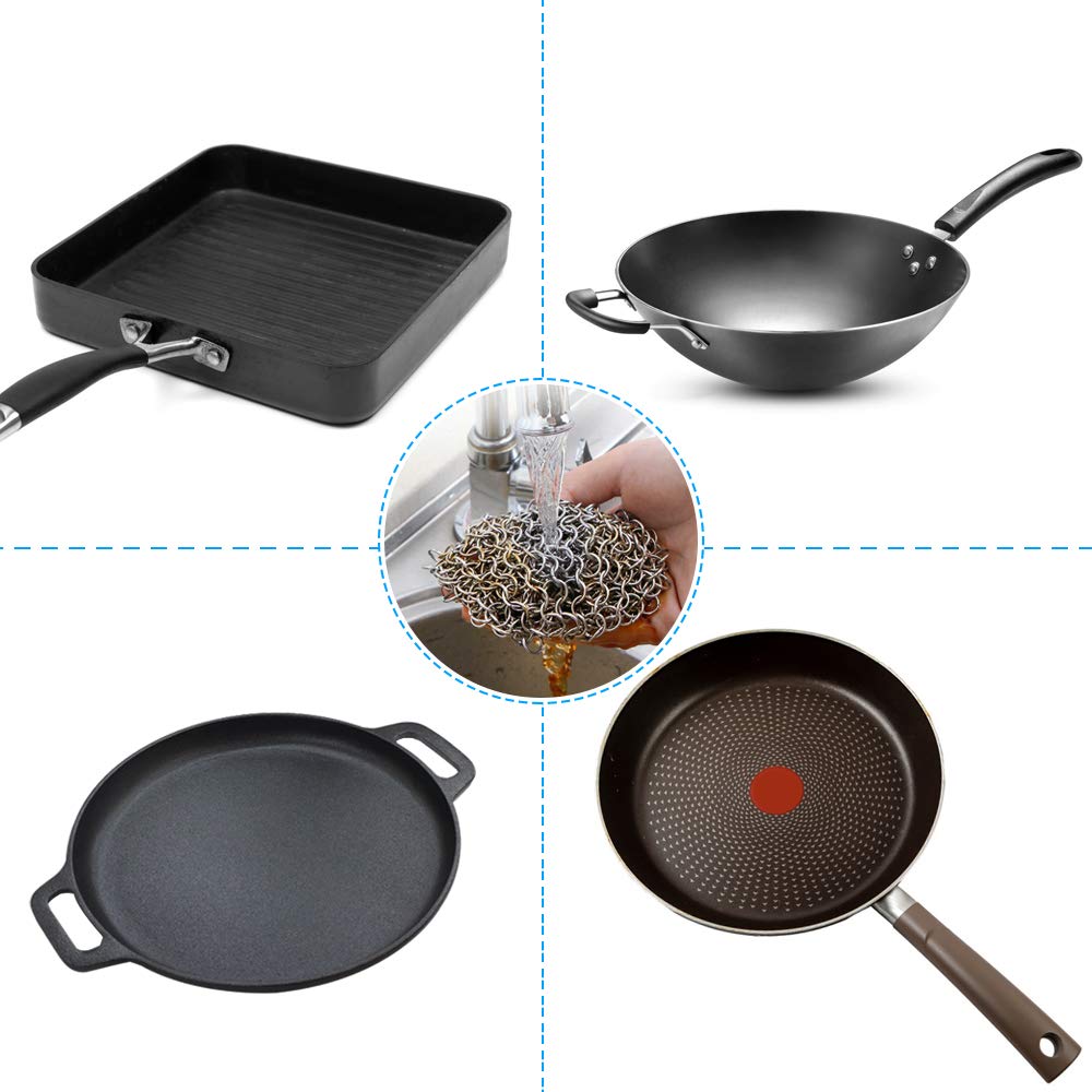 Stainless Steel Cast Iron Cleaner and Cast Iron Brush, SourceTon Stainless Steel Chainmail Scrubber and Bamboo Handle Brush for Skillet, Wok, Pot, Pan