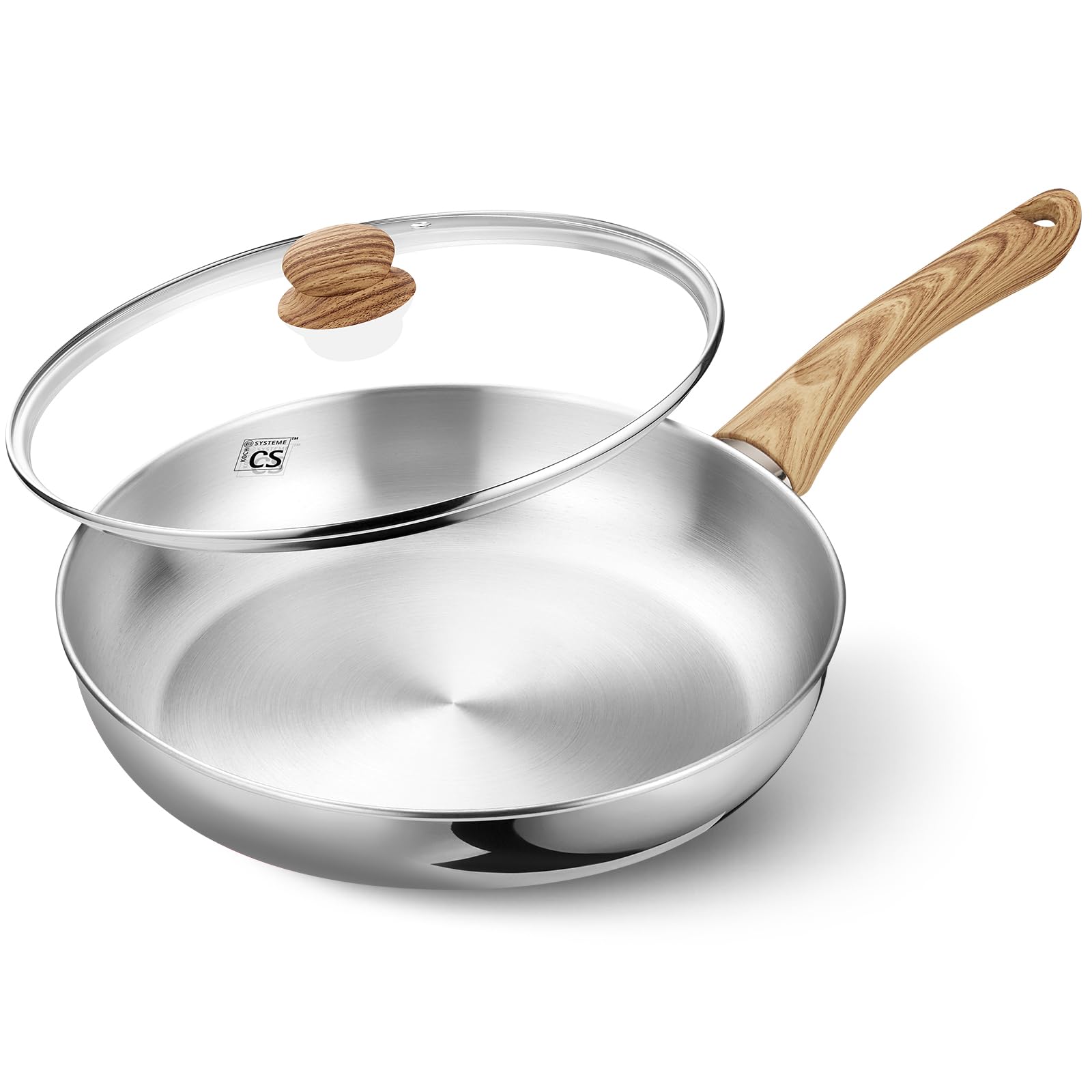 KOCH SYSTEME CS Stainless Steel Pan 10 Inch, Stainless Steel Frying Pan with Lid, 26cm Skillet with Heat-Resistant Bakelite Handle, Tri-ply Bottom, Induction Compatible, Dishwasher Safe