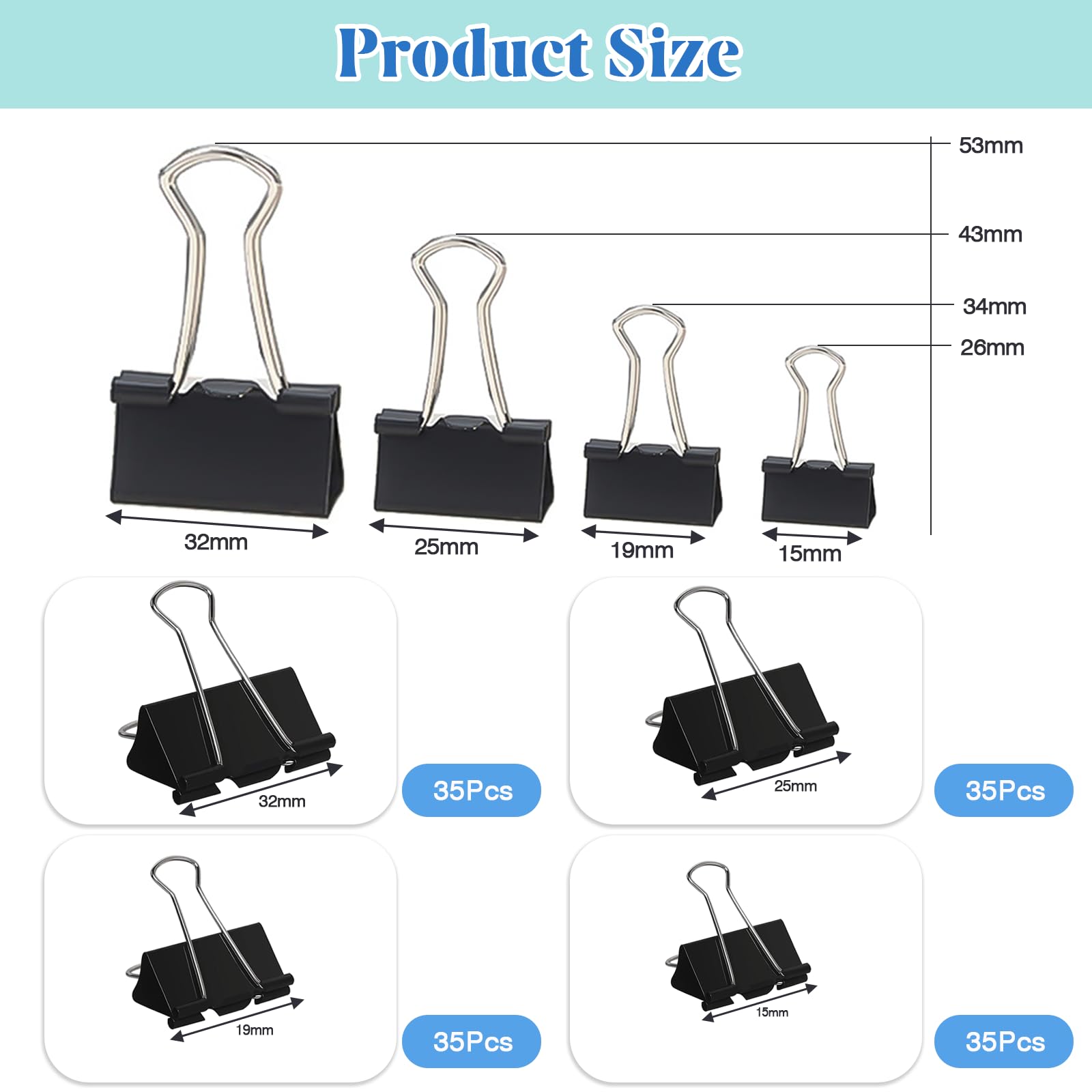 VEGCOO 140 PCS Black Paper Binder Clips, Assorted Sizes Bulldog Clips, Metal Binder Clip, Binder Clips Medium Size, Paper Clips Clamps for Home School Business Office Supplies(32/25/19/15mm)