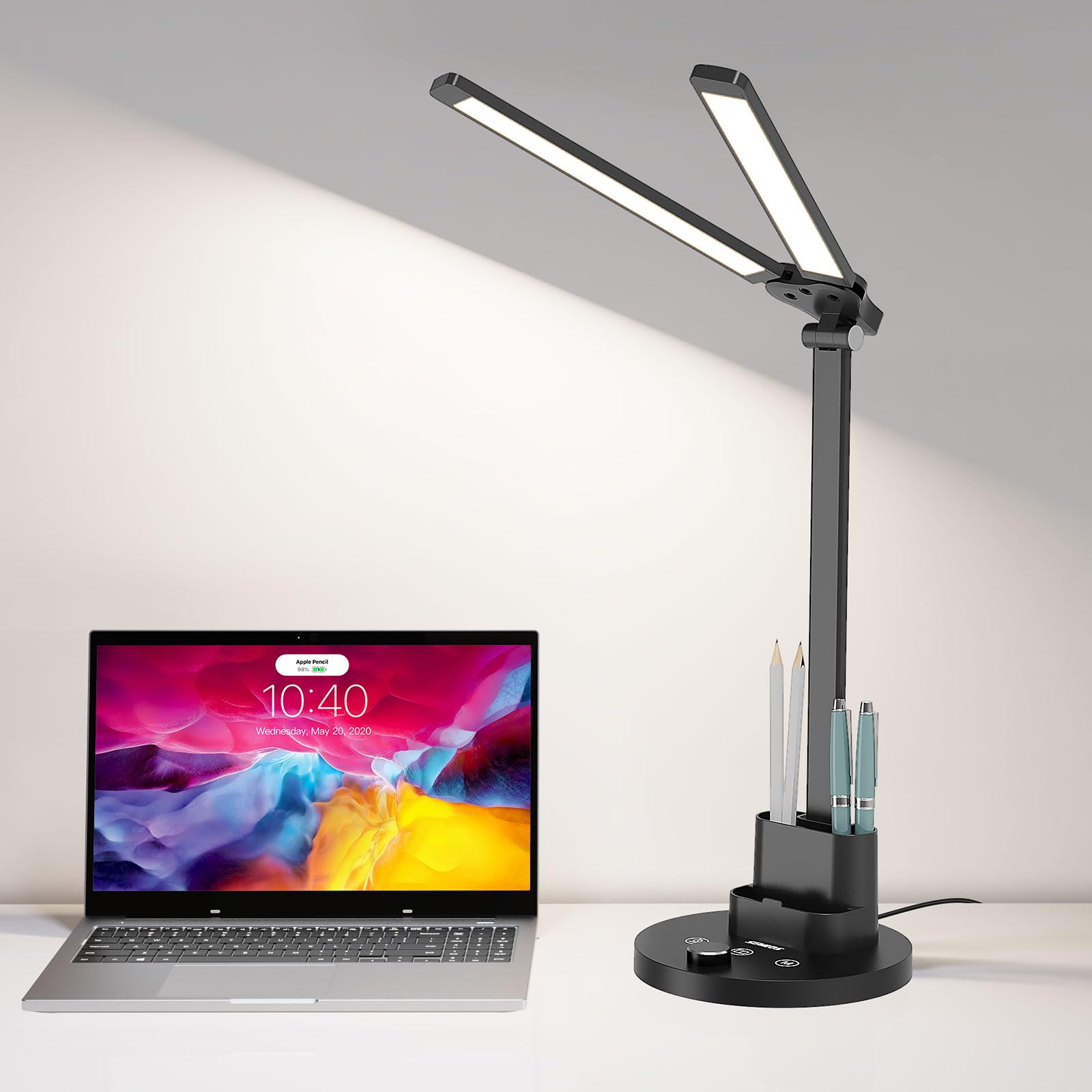 Semlos 10W LED Desk Lamp for Home Office, Touch Control, Adjustable Brightness, 3000K-6500K Color Temp, 45-Min Timer, Reading Mode, Dual-Arm Table Light with Charger & Pen Holder, Black