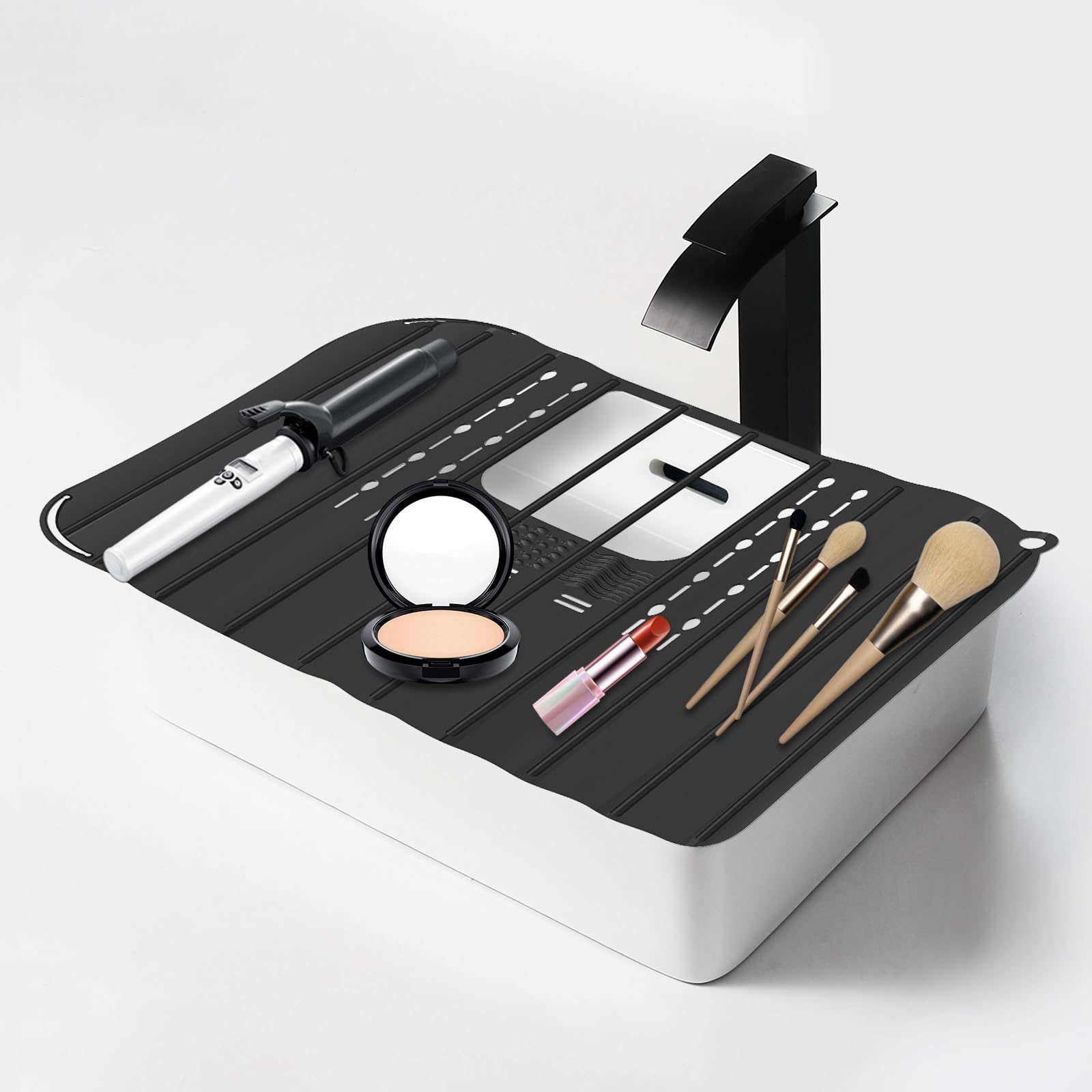 57×42cm Bathroom Sink Cover for Counter Space, Heat Resistant Silicone Sink Top Mat, Foldable Sink Top Cover Multifunctional Sink Makeup Mats for Cosmetics, Skincare Products, Hair Dryer (black)