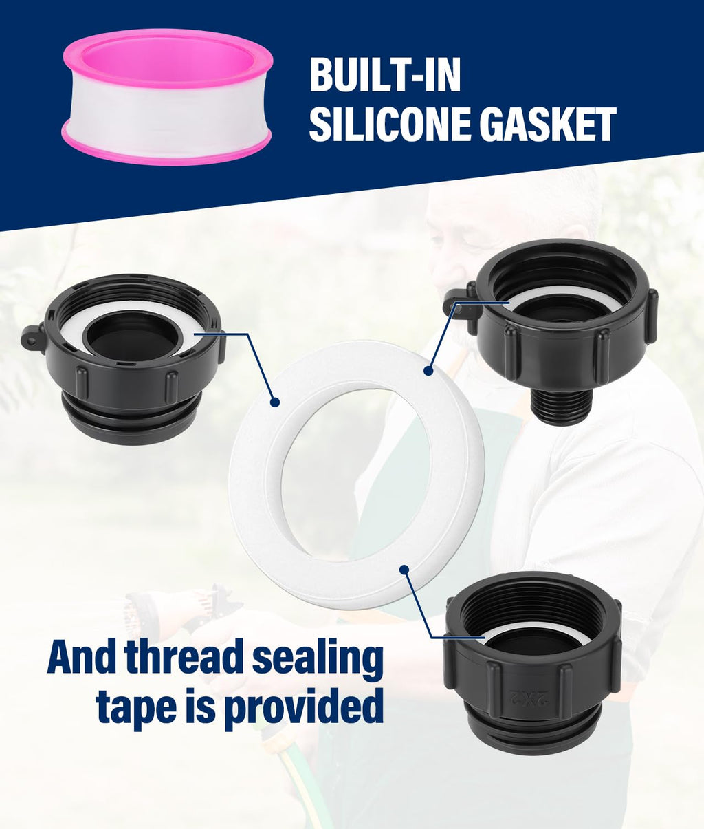 WADEO 330 275 Gallon IBC Tote Fittings, 3 Sizes IBC Tote Hose Adapter, 2.44" Fine, 2" Fine and 2" Coarse Thread, 3/4" Garden Hose Quick Connector
