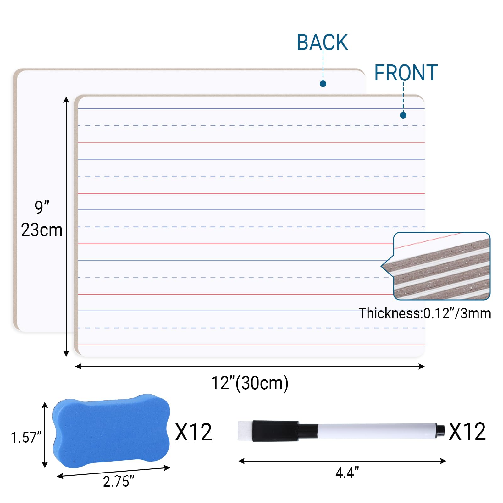 zmybcpack 12 Pack 9x12 Inch Small White Boards, Double Sided Dry Erase Boards Blank & Lined, Lightweight Paperboard Lapboards with 12 Markers & Erasers for Classroom, Students, Teachers