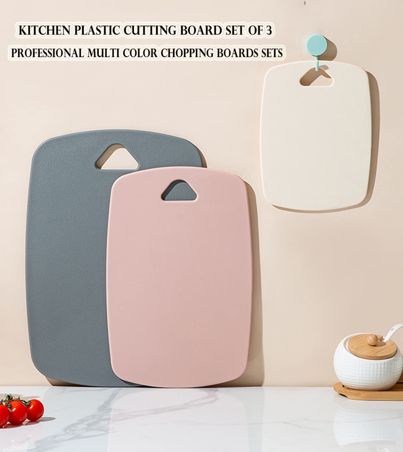 Cutting Boards for Kitchen,Plastic Cutting Board Set of 3, Thick Chopping Boards for Meat, Veggies, Fruits, with Easy Grip Handle,Dishwasher Safe (CBPink-CA)